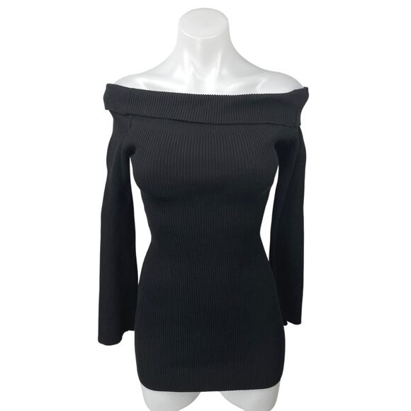 Tiger Mist Dresses & Skirts - Tiger Mist Black Rib Knit Off Shoulder Long Sleeve Mini Bodycon Sweater Dress S